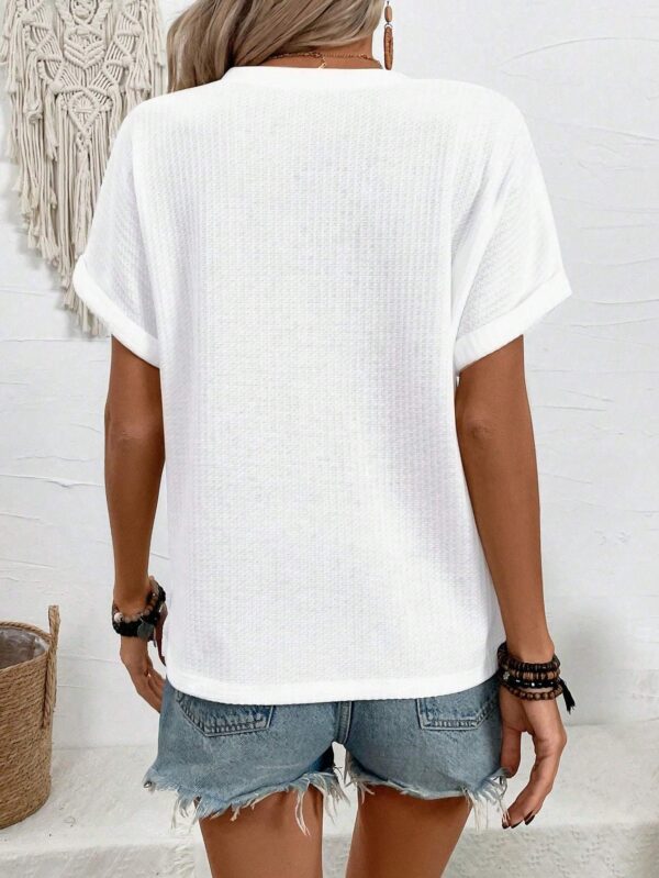 Women Summer Notched V-Neck Button Decor Casual T-Shirt – Image 5