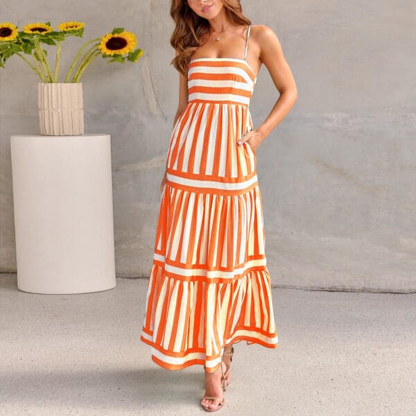 Summer Striped Printed Suspender Long Dress With Pockets Fashion Square Neck Backless Dresses For Beach Vacation Women Clothing – Image 3