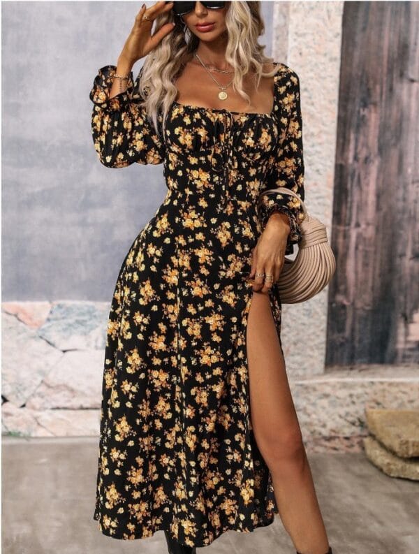 Flowers Printing Long Sleeve Dress Fashion Square-neck Bottom Slit Dresses Womens  Clothing – Image 8