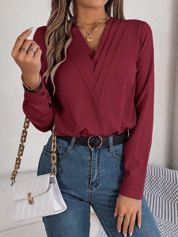 Fashion V-Neck Long Sleeve Shirt Elegant Commuter Solid Blouse Office Women's Clothing – Image 3