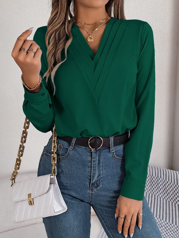 Fashion V-Neck Long Sleeve Shirt Elegant Commuter Solid Blouse Office Women's Clothing – Image 4