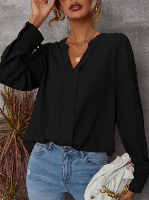 Solid Notched Buttoned Cuff Blouse,Long Sleeve Tops – Image 2
