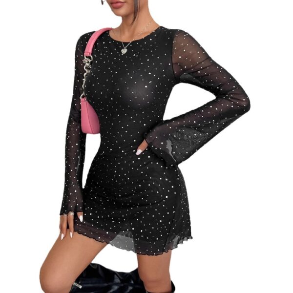 Elegant Black Mesh Sequins Backless Slim Fit Long Sleeve Dress – Image 5