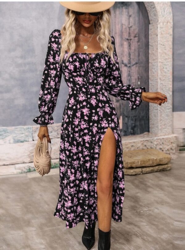Flowers Printing Long Sleeve Dress Fashion Square-neck Bottom Slit Dresses Womens  Clothing – Image 4