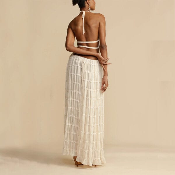 2pcs Women's Dress Suit Sexy Sleeveless Backless Cropped Halter Top And Pleated Long Skirt Beach Clothing – Image 4