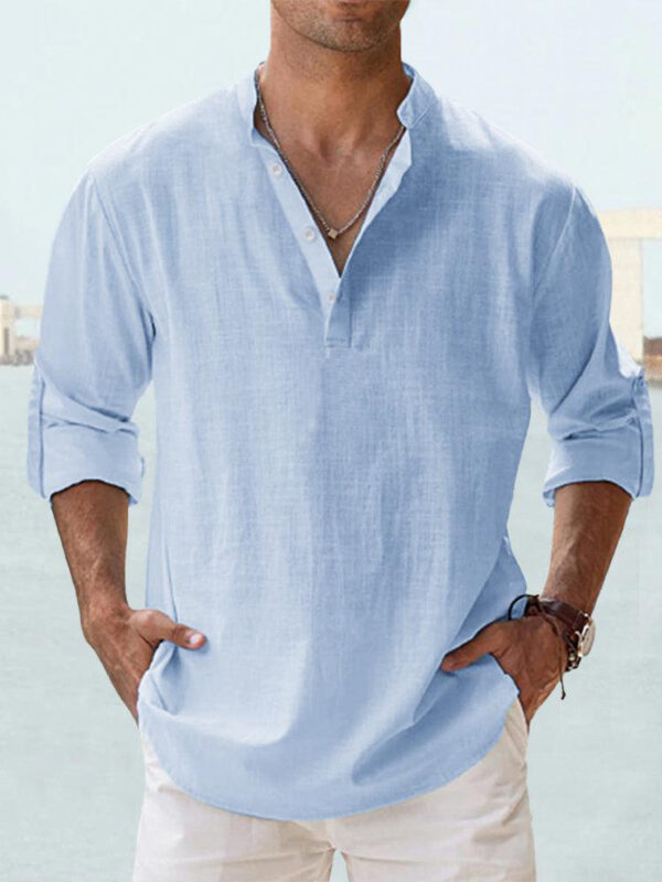 Men's Linen Stand-up Collar Long Sleeve T-shirt Loose Undershirt – Image 10
