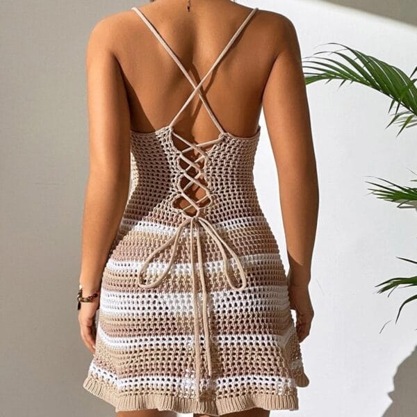 Women Knitted Spaghetti Strap Dress Summer Stripes Twisted Crochet Cutout Party Mini Dress For Beach Cocktail Nightclub – Image 4