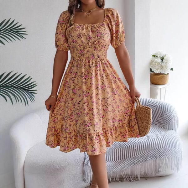 Floral Print Square Collar Dress Summer Fashion Ruffles Dresses Women's Clothing – Image 3