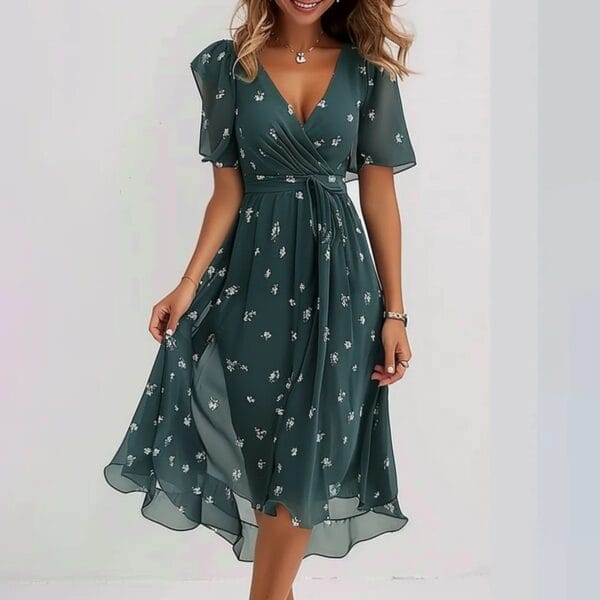 Chiffon Printed Short Sleeve Dress Summer Elegant V-neck Dresses Womens Clothing – Image 6