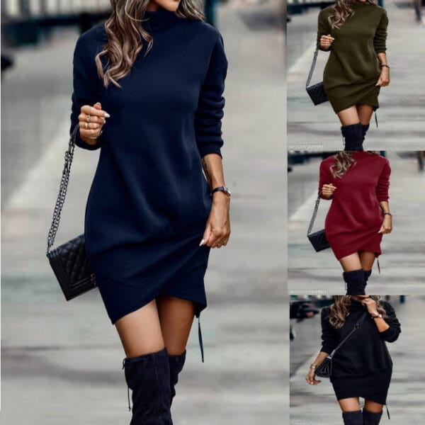 Long Sleeve Dress Solid Color High Neck Cross Short Dress Womens Clothing – Image 8