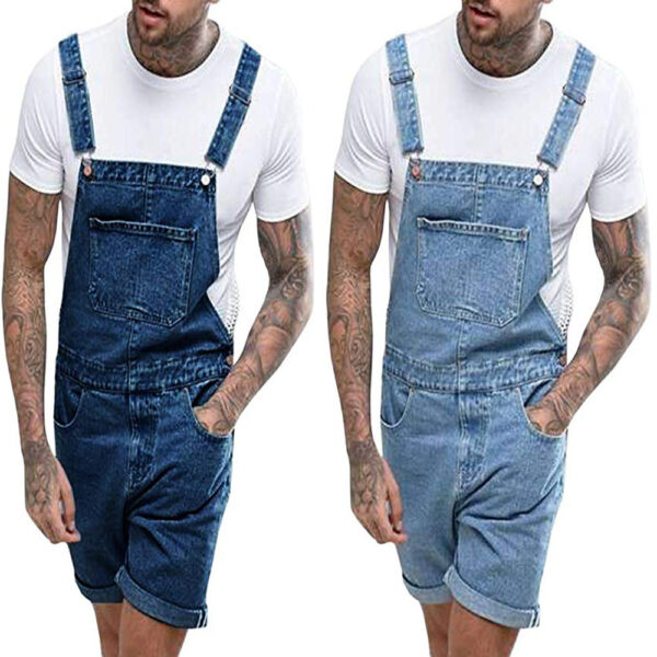 Retro Men's Denim With Hole Shorts One-piece Working Bib Top Pants – Image 2