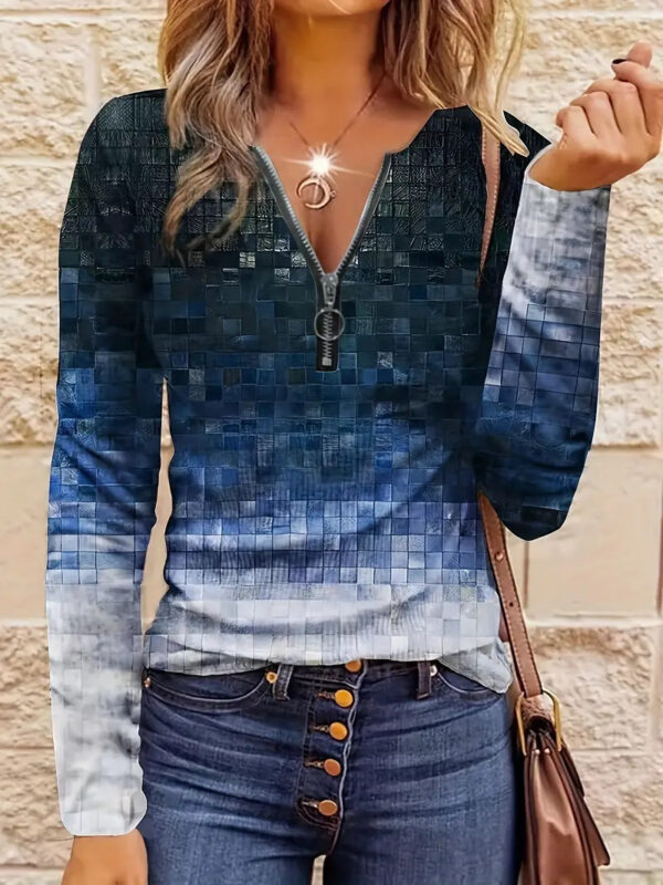 Women's Casual Loose Contrast Striped Half Zipper Top – Image 3