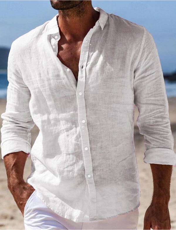 Men's Casual Cotton And Linen Solid Color Shirt – Image 4