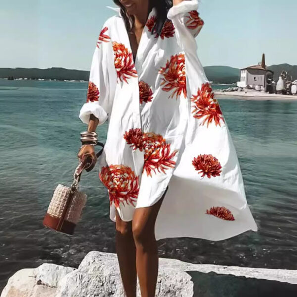 Women's Loose Digital Printing Long-sleeved Lapel Shirt Dress – Image 3