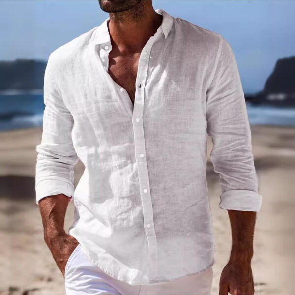 Men's Casual Cotton And Linen Solid Color Shirt – Image 2