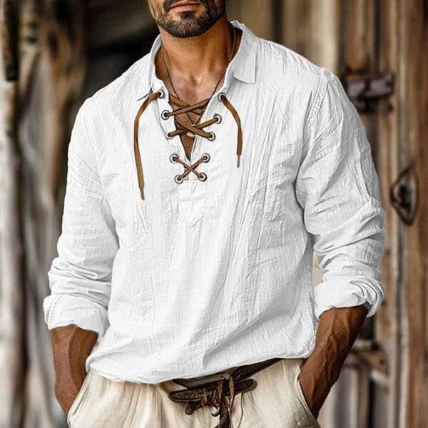 Men's Plus Size Lapels Lace Shirt Solid Color Linen Loose Long Sleeve Shirt – Image 5