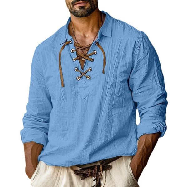 Men's Plus Size Lapels Lace Shirt Solid Color Linen Loose Long Sleeve Shirt – Image 7