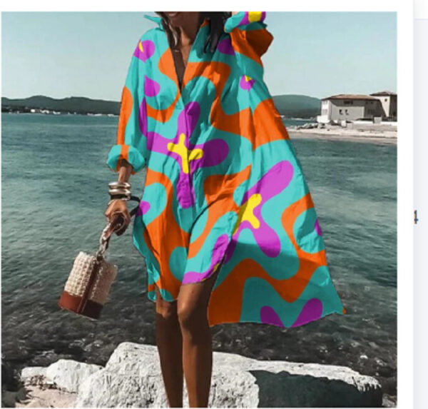 Women's Loose Digital Printing Long-sleeved Lapel Shirt Dress – Image 6