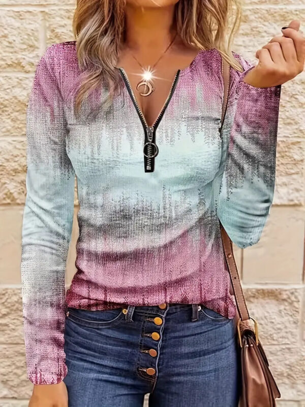 Women's Casual Loose Contrast Striped Half Zipper Top – Image 8