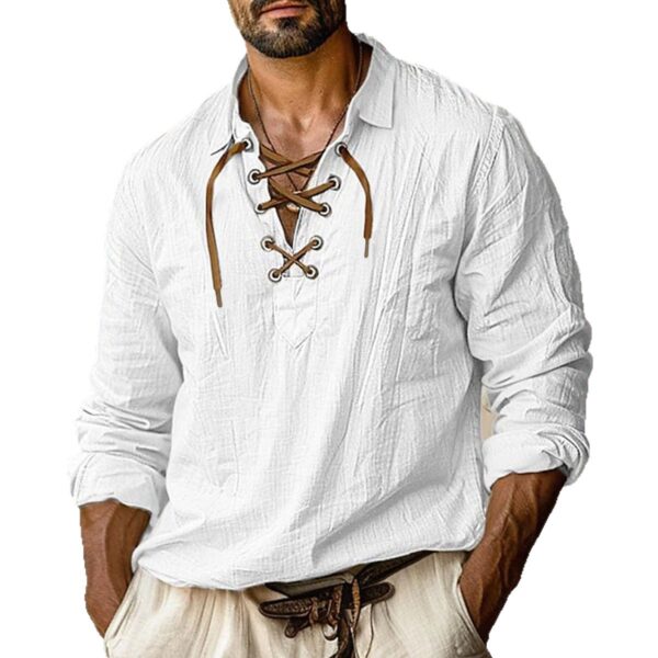 Men's Plus Size Lapels Lace Shirt Solid Color Linen Loose Long Sleeve Shirt – Image 4