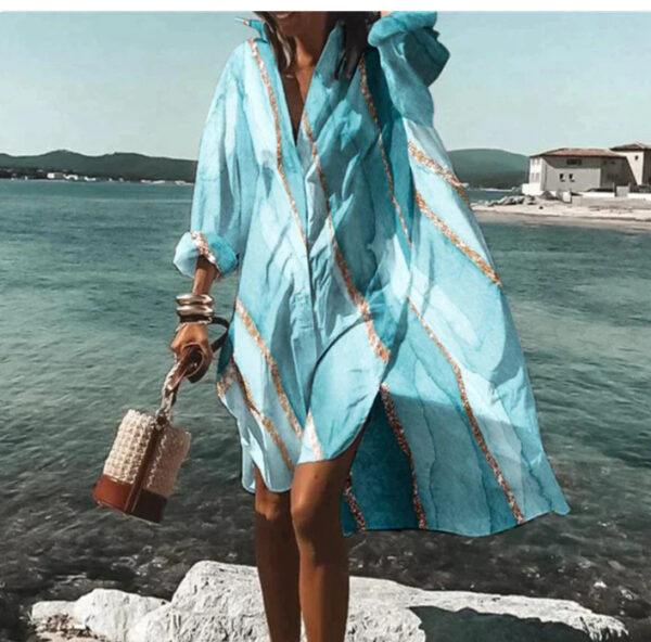 Women's Loose Digital Printing Long-sleeved Lapel Shirt Dress – Image 8