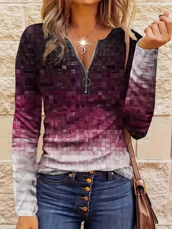 Women's Casual Loose Contrast Striped Half Zipper Top – Image 2