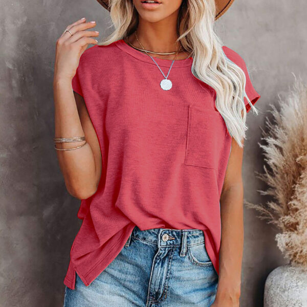 Women's Round Neck Short Sleeve Pocket T-shirt – Image 3