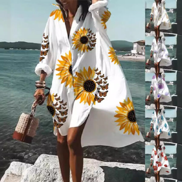 Women's Loose Digital Printing Long-sleeved Lapel Shirt Dress – Image 2