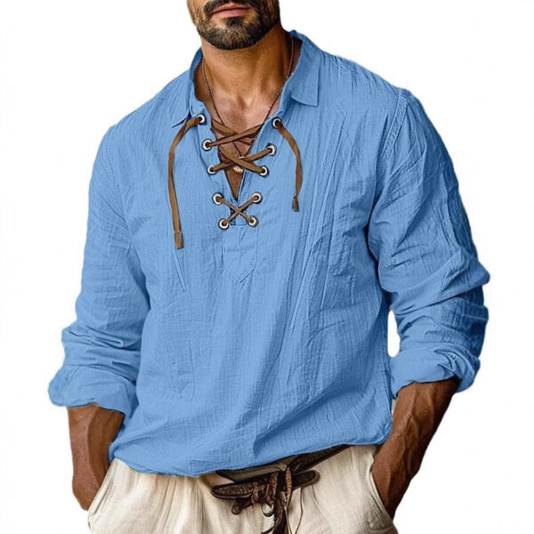 Men's Plus Size Lapels Lace Shirt Solid Color Linen Loose Long Sleeve Shirt – Image 2