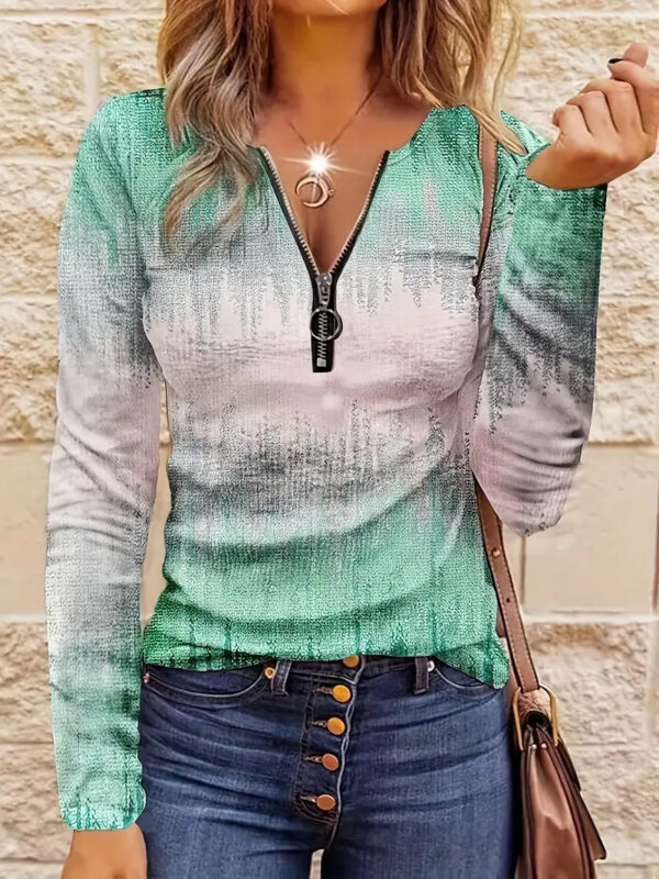 Women's Casual Loose Contrast Striped Half Zipper Top – Image 9