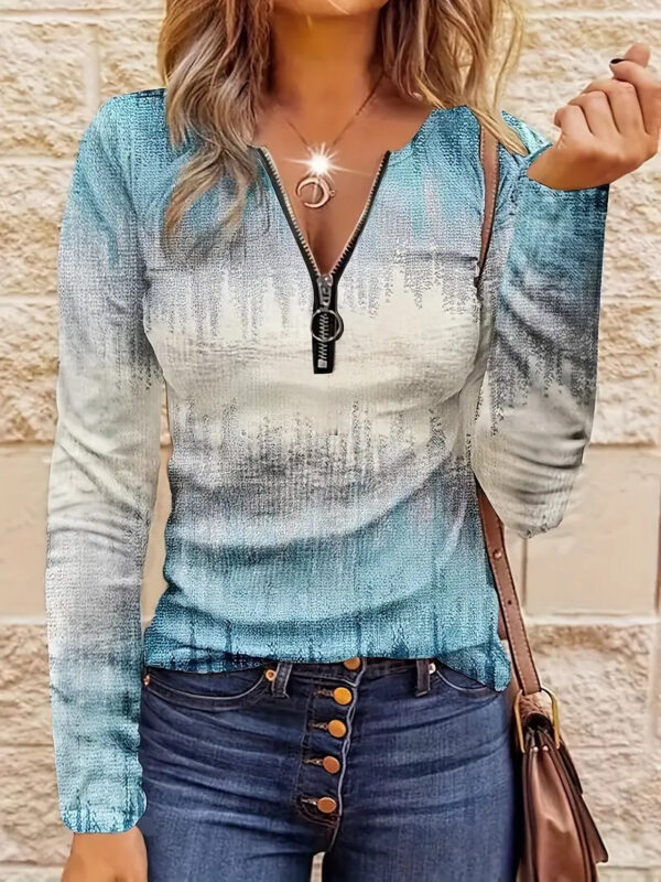 Women's Casual Loose Contrast Striped Half Zipper Top – Image 7
