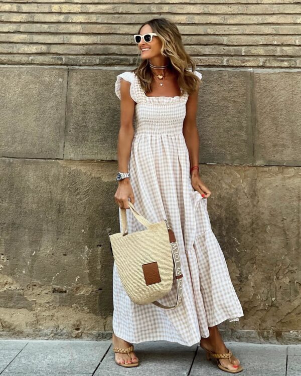 Summer Plaid Print Pleated Ruffle Dress INS Fashion Sleeveless A-line Swing Beach Dress Women's Clothing – Image 2