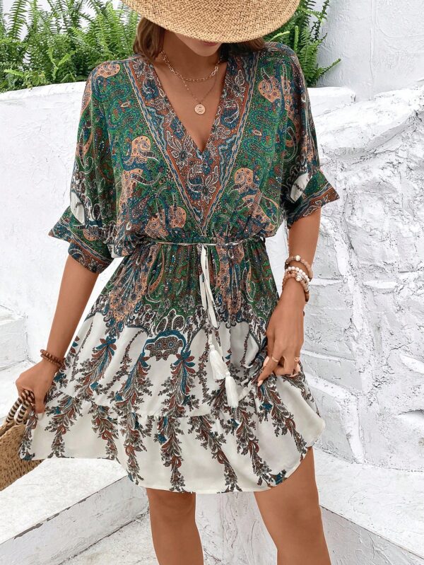 Paisley Print Batwing Sleeve Tassel Tie Front Ruffle Hem Dress – Image 3