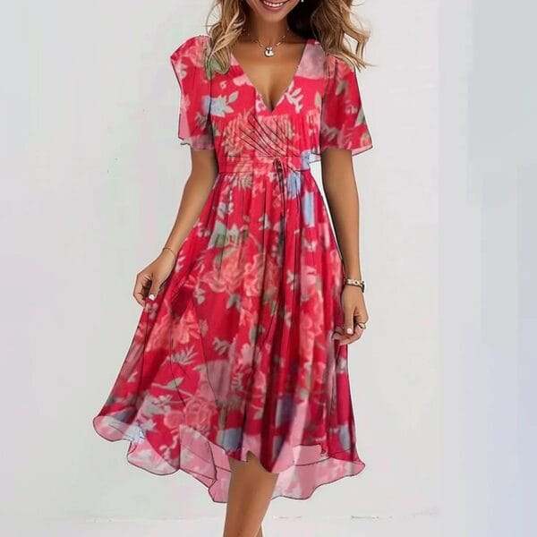 Chiffon Printed Short Sleeve Dress Summer Elegant V-neck Dresses Womens Clothing – Image 3