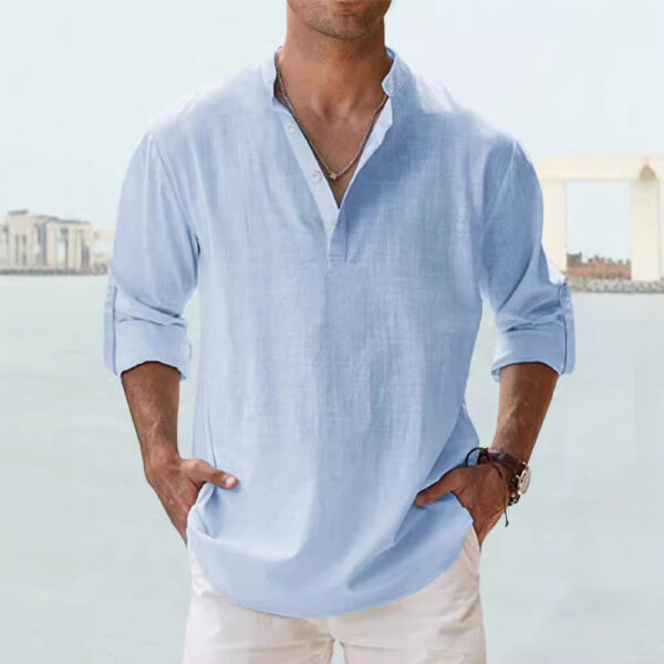 Men's Linen Stand-up Collar Long Sleeve T-shirt Loose Undershirt – Image 2