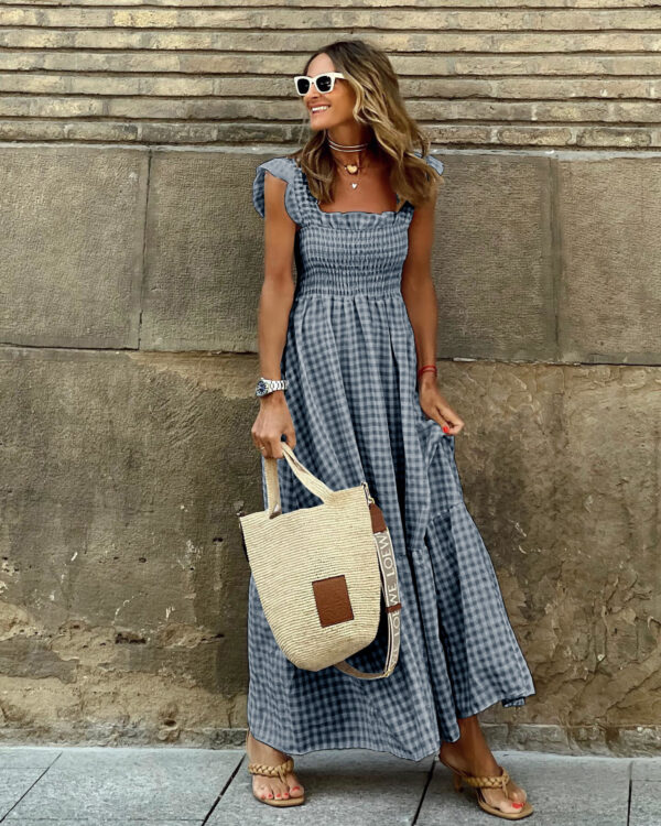 Summer Plaid Print Pleated Ruffle Dress INS Fashion Sleeveless A-line Swing Beach Dress Women's Clothing – Image 4
