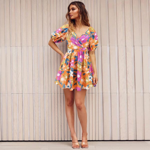 Flowers Print V-Neck Lantern-sleeve Dress Y2K Summer Vacation Beach Short Dresses Fashion Womens Clothing – Image 2