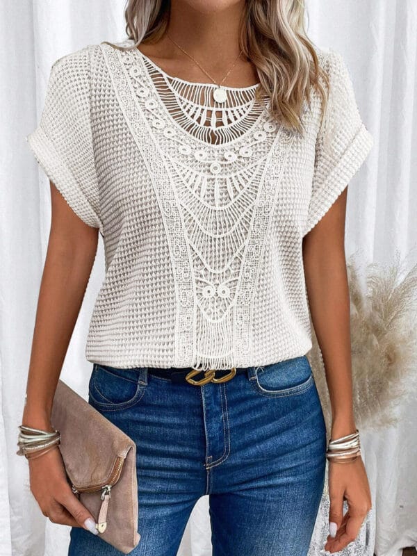 Summer Hollow Out Short-sleeved T-shirt Fashion Ethnic Style Tops Women's Clothing – Image 6