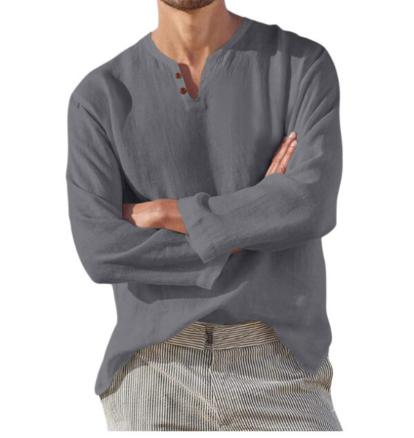 Cotton Linen Men's Long Sleeve V-neck Casual Beach Linen Shirt Fashion Leisure Men's Clothing Casual And Breathable Shirt – Image 6