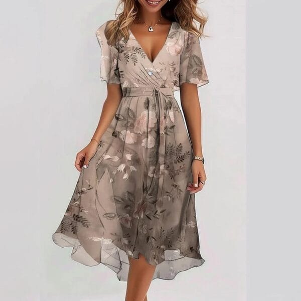 Chiffon Printed Short Sleeve Dress Summer Elegant V-neck Dresses Womens Clothing – Image 5