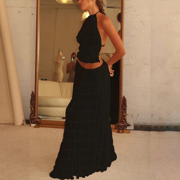 2pcs Women's Dress Suit Sexy Sleeveless Backless Cropped Halter Top And Pleated Long Skirt Beach Clothing – Image 9