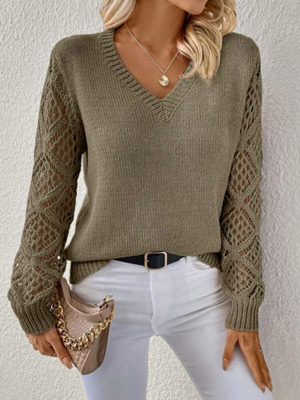 Solid V-neck Pullover Sweater With Hollow Long Sleeve Fashion Tops For Women Clothing – Image 9