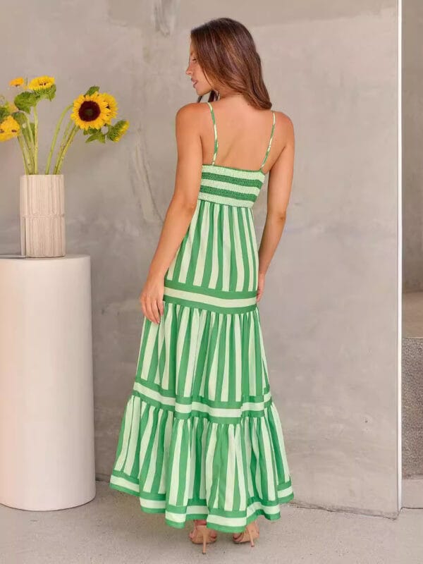 Summer Striped Printed Suspender Long Dress With Pockets Fashion Square Neck Backless Dresses For Beach Vacation Women Clothing – Image 8