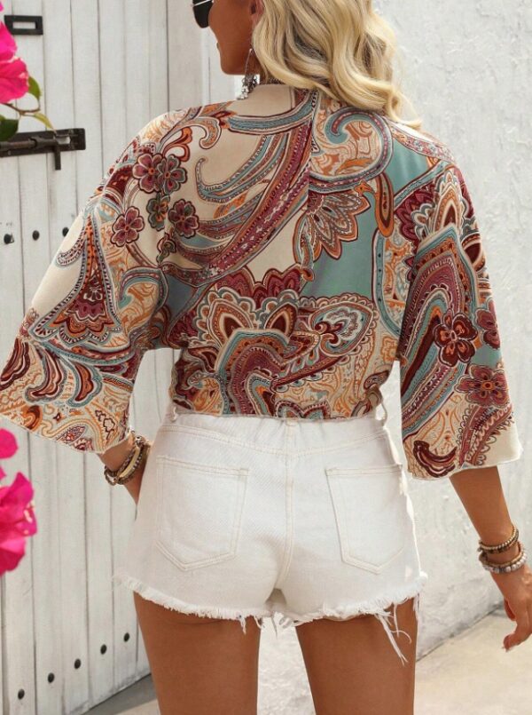 Women Bohemian Style Printed Long Sleeve Tie-Up Top – Image 3
