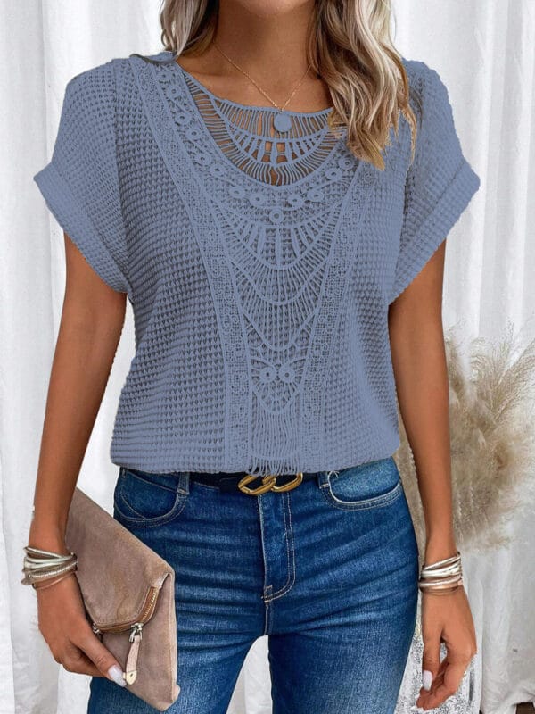 Summer Hollow Out Short-sleeved T-shirt Fashion Ethnic Style Tops Women's Clothing – Image 3