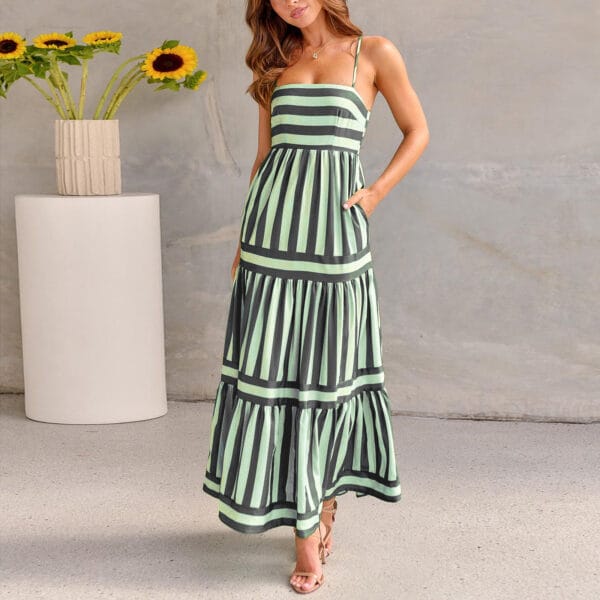 Summer Striped Printed Suspender Long Dress With Pockets Fashion Square Neck Backless Dresses For Beach Vacation Women Clothing – Image 4