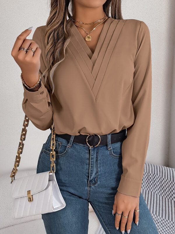 Fashion V-Neck Long Sleeve Shirt Elegant Commuter Solid Blouse Office Women's Clothing – Image 7