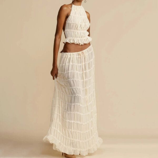 2pcs Women's Dress Suit Sexy Sleeveless Backless Cropped Halter Top And Pleated Long Skirt Beach Clothing – Image 2