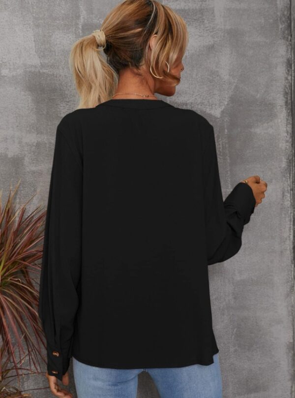 Solid Notched Buttoned Cuff Blouse,Long Sleeve Tops – Image 4