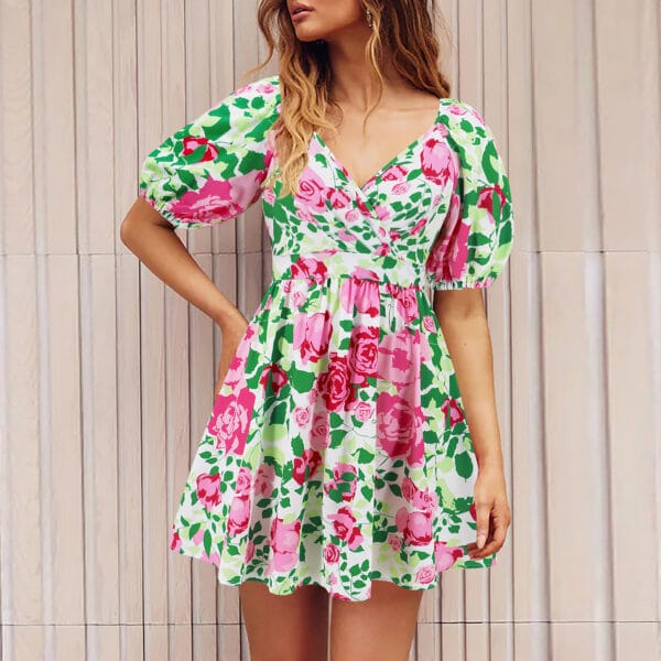 Flowers Print V-Neck Lantern-sleeve Dress Y2K Summer Vacation Beach Short Dresses Fashion Womens Clothing – Image 9